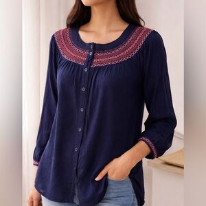 Erika Embroidered Boho Blouse Navy Pink Yoke Button Front Rayon Top 1X